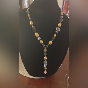 Chico's Gold Crystal Filigree Faux Freshwater Pearl Beaded Long Y Shape Necklace